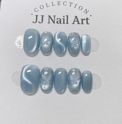 Ocean Blue Cat Eye Press On Nails: Custom Shape Reusable Set
