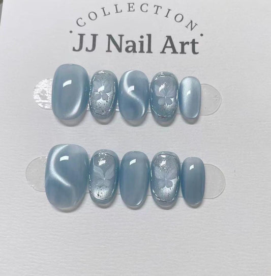 Ocean Blue Cat Eye Press On Nails: Custom Shape Reusable Set