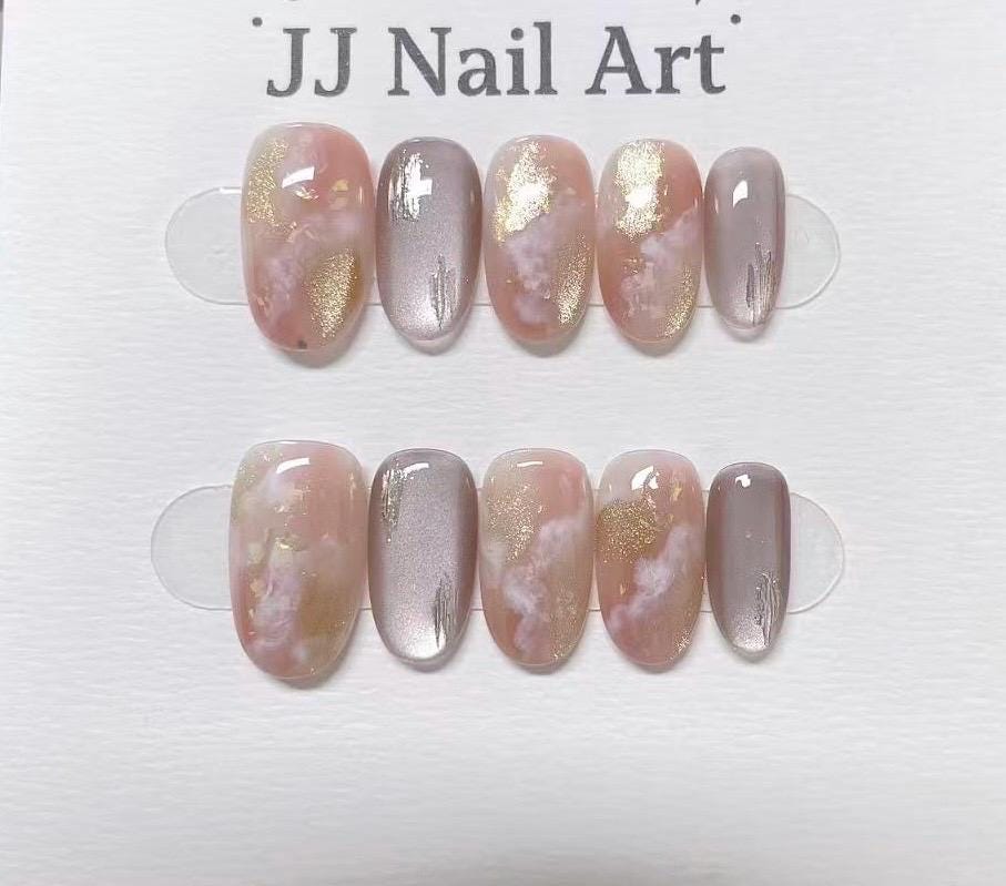 Pink Smudge Cat Eye Hand Painted Press On Nails: Custom Shape Reusable Nail Set