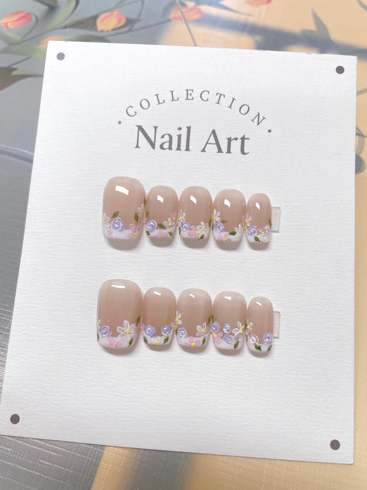 Hand Painted Flower Press On Nails: Reusable Artist Faux Nails