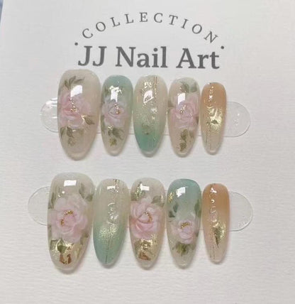 Handmade Watercolor Peonies Cat Eye Press On Nails: Reusable Set