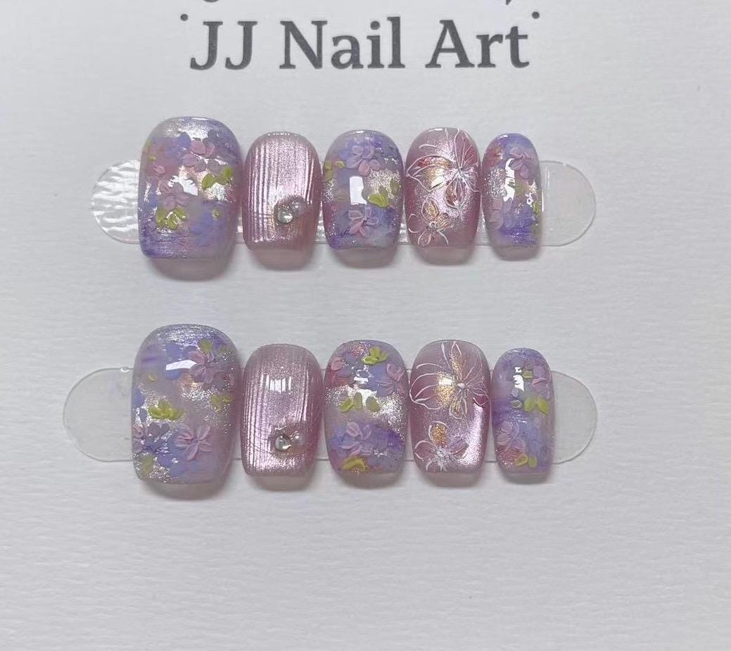 Hand Painted Floral Cat Eye Press On Nails: Reusable Custom Shape Set