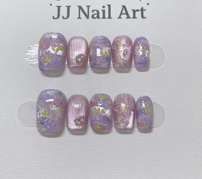 Hand Painted Floral Cat Eye Press On Nails: Reusable Custom Shape Set