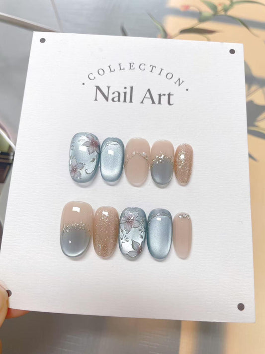 Blue Cat Eye Press On Nails: Hand-Painted Reusable False Nails