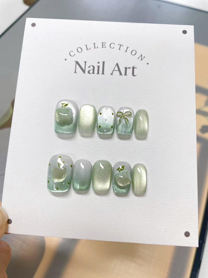 Green Apple Bow Tie Press On Nails: Handmade Reusable Faux Nails