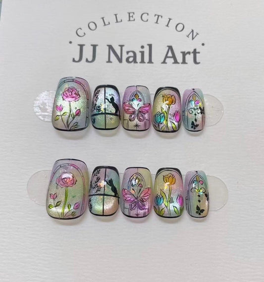 Hand Made Flowers Butterfly Cat Eye Press On Nails: Custom Shape Reusable Set