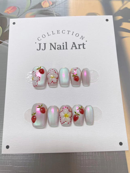 3D Petals Cat Eye Press On Nails: Hand Painted Reusable Fake Nails