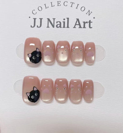 Cat Faces Handmade Press On Nails: Reusable Custom Shape Set