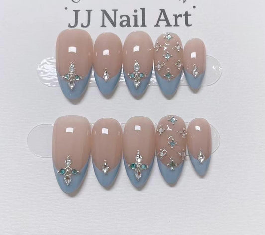 Gems Blue French Hand Painted Press On Nails: Custom Shape Reusable Nail Set