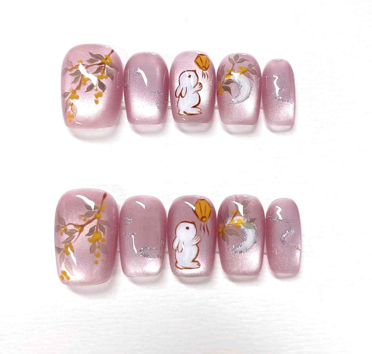 Hand Painted Bunny Moon Cat Eye Press On Nails: Reusable Faux Nails