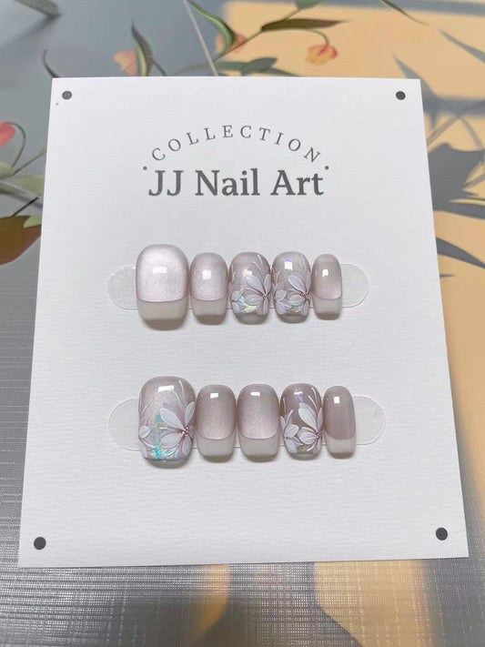 White Petals French Press On Nails: Hand Painted Reusable Fake Nails