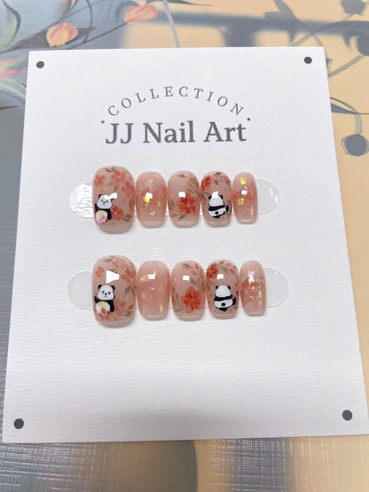 Hand Painted Panda with Flowers Press On Nails: Custom Shape Reusable Nail Set