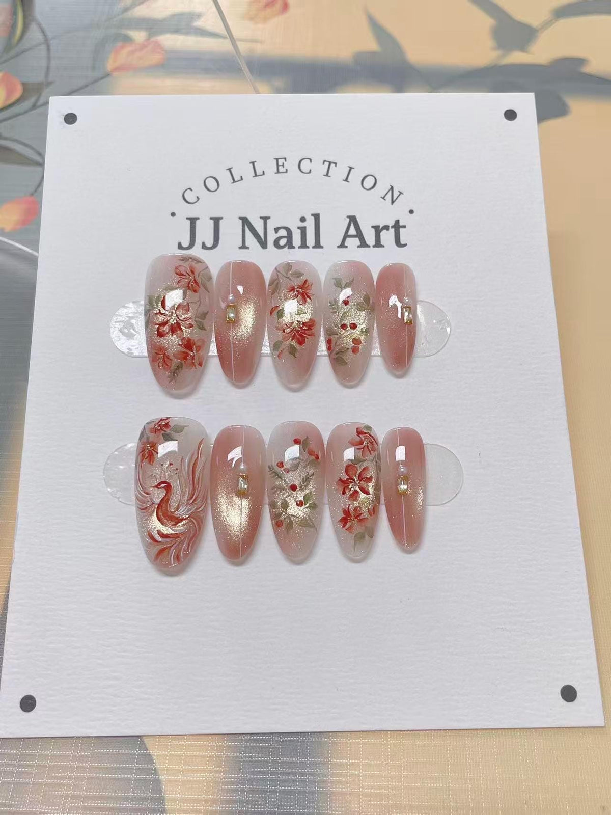 Fire Phoenix Cat Eye Press On Nails: Custom Shape Reusable Set