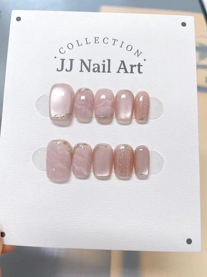 Pink Smudge Cat Eye Hand Painted Press On Nails: Custom Shape Reusable Nail Set