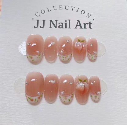 Handmade 3D Peaches French Press On Nails: Reusable Set