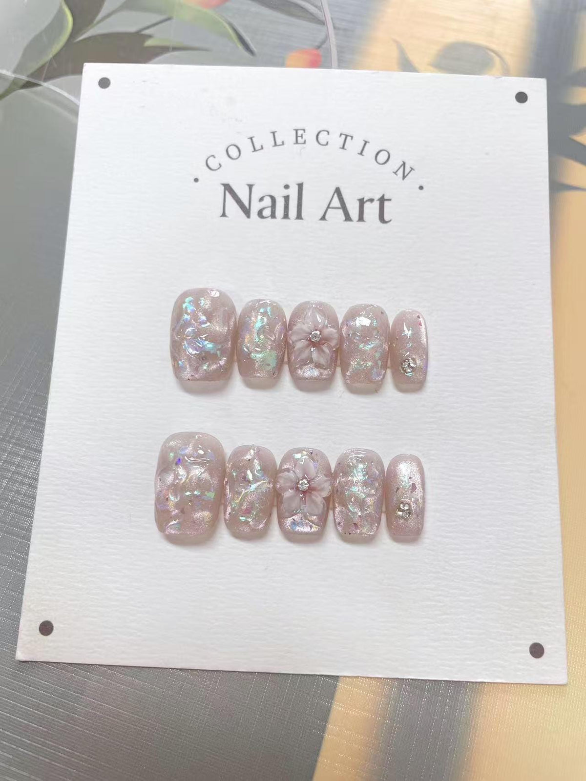 3D Flower Press On Nails: Pearlescent Hand-Painted Reusable Faux Nails