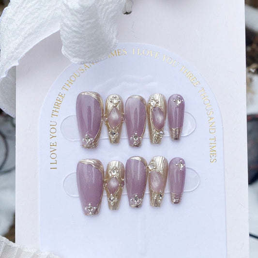 Falling Cherry Blossom Press On Nails: 3D Gel, Medium Coffin
