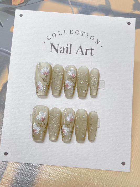 Hand Painted Flower Press On Nails: Reusable Artist Faux Nails