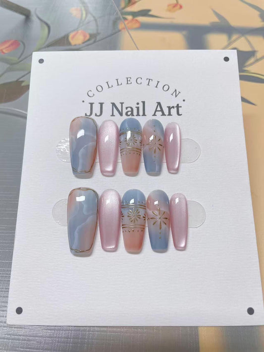 Handmade Blue Pink Smudge Press On Nails: Reusable Set