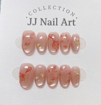 Handmade Red Koi Fish Cat Eye Press On Nails: Reusable Nail Set