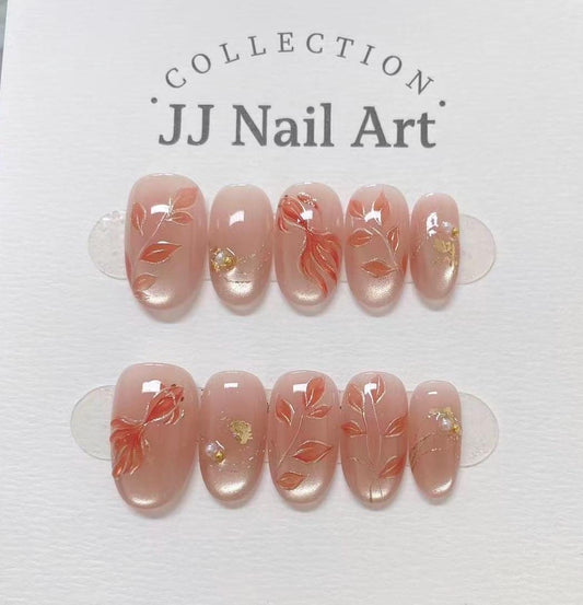 Handmade Red Koi Fish Cat Eye Press On Nails: Reusable Nail Set