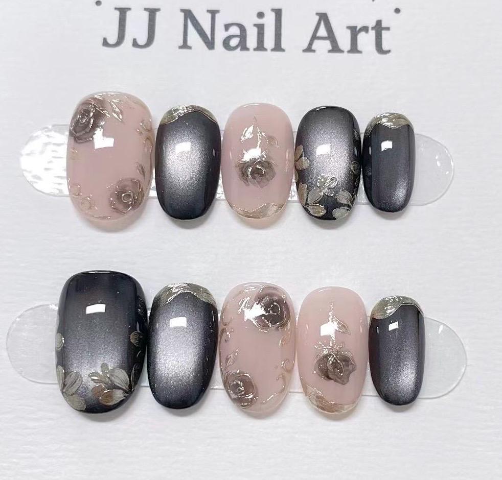 Custom Shape Hand Painted Press On Nails: Cat Eye with Roses Reusable Nail Set