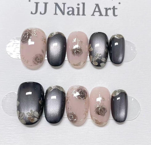 Custom Shape Hand Painted Press On Nails: Cat Eye with Roses Reusable Nail Set