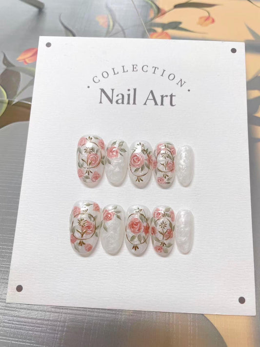 Pearlescent Rose Press On Nails: Hand Painted Vintage Faux Nails