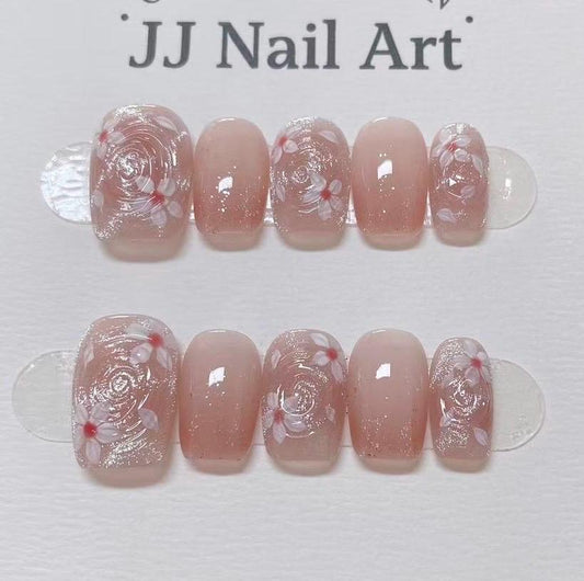 Handmade Pink Petals Ombré Cat Eye Press On Nails: Reusable Set