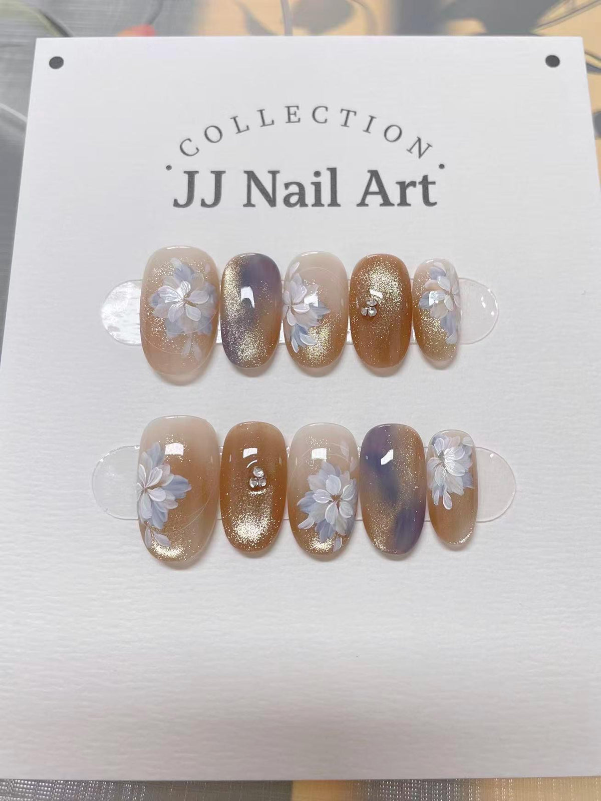 White Petals Smudge Cat Eye Press On Nails: Custom Shape Reusable Nail Set