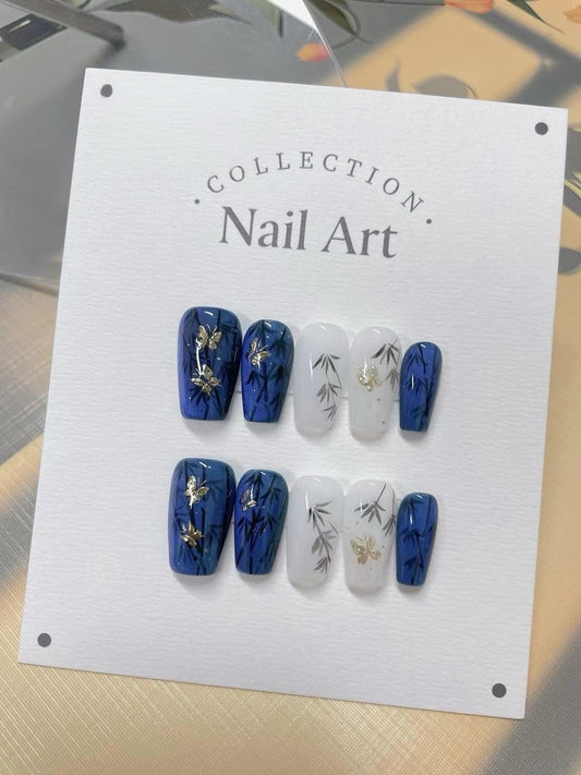 Hand Painted Press On Nails: Fish & Bamboo Design, Reusable Faux Nails