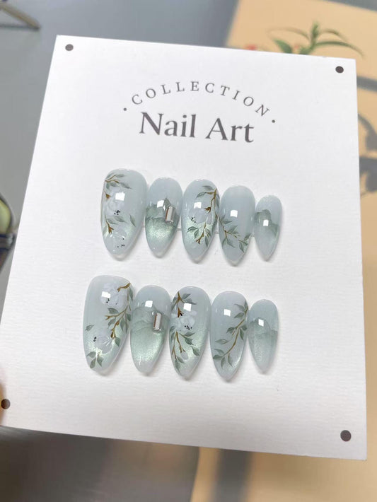 Hand Painted Sky Blue Floral Press On Nails: Reusable Artist Faux Nails