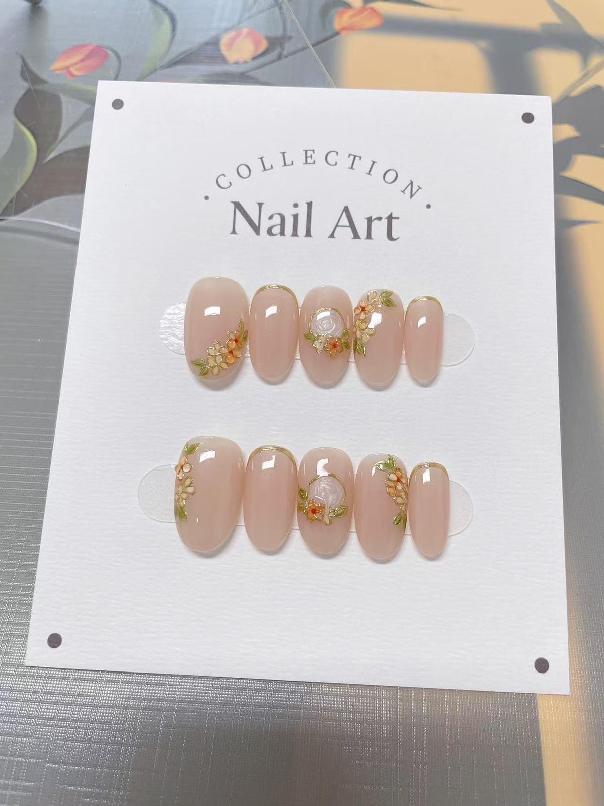 Gold Lined Flowers Press On Nails: Hand Painted Reusable Faux Nails