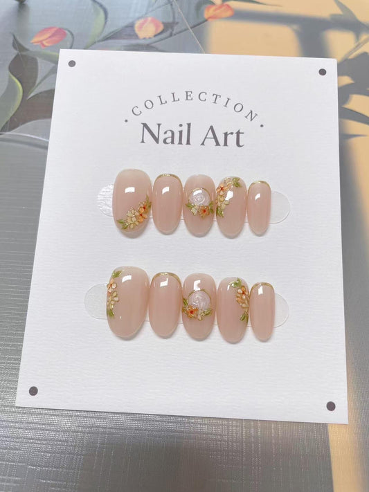 Gold Lined Flowers Press On Nails: Hand Painted Reusable Faux Nails
