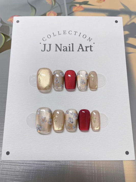Hand Painted Cat Eye Press On Nails: Small Petals, Reusable Custom Nail Shape