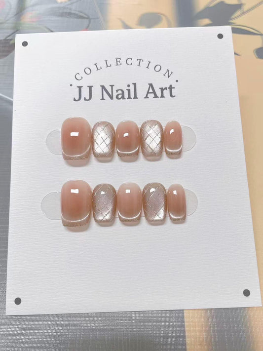 Pattern French Cat Eye Hand Painted Press On Nails: Custom Shape Reusable Nail Set