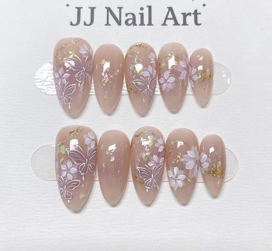 Flowers And Butterflies Hand Painted Press On Nails: Custom Shape Reusable Nail Set