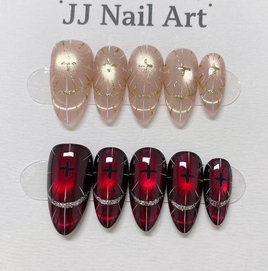 Hand Painted Press On Nails: Shinning across Red Reusable Custom Nail Shape