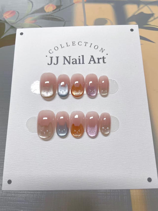 Colorful Cats Hand Painted Press On Nails: Custom Shape Reusable Nail Set