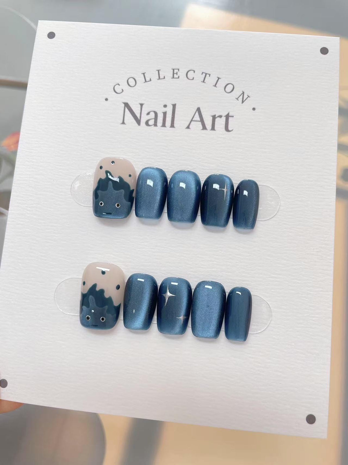 Blue Face & Stars Press On Nails: Hand Painted Reusable Faux Nails