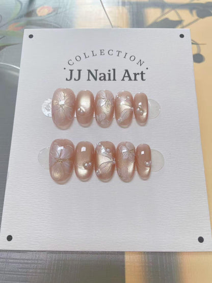 Handmade Romantic Petals Cat Eye Press On Nails: Custom Shape Reusable Set