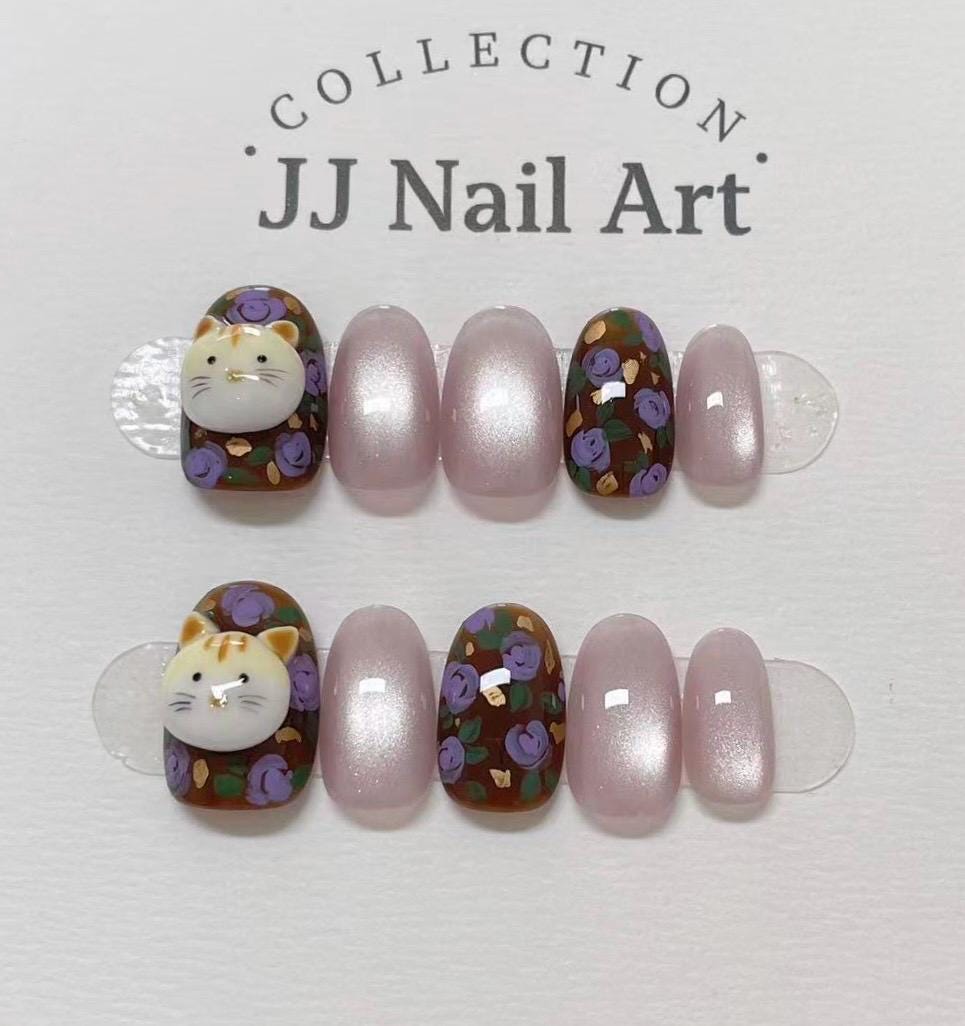 Handmade 3D Cat Flowers Press On Nails: Floral French Reusable Set