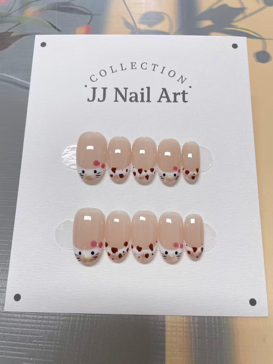 Hand Painted Cat Press On Nails: Custom Nail Shape Reusable False Nails