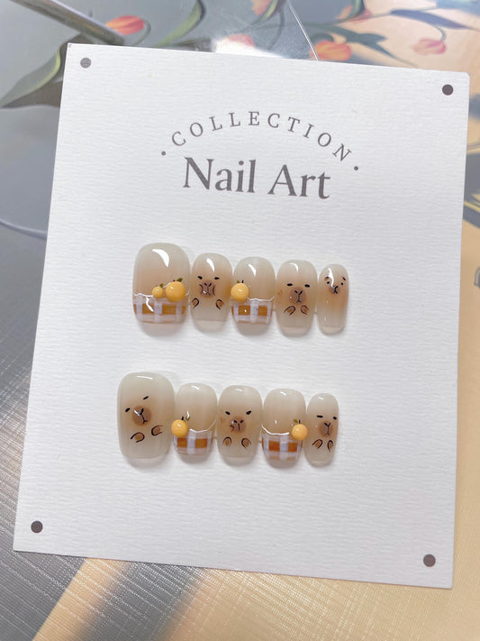 Hand Painted Capybara Press On Nails: Reusable Pet Nails