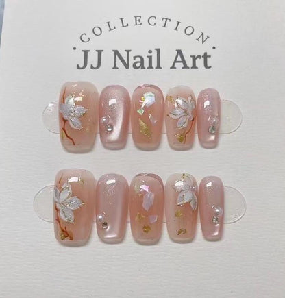 Handmade Silver Flowers Cat Eye Press On Nails: Reusable Set
