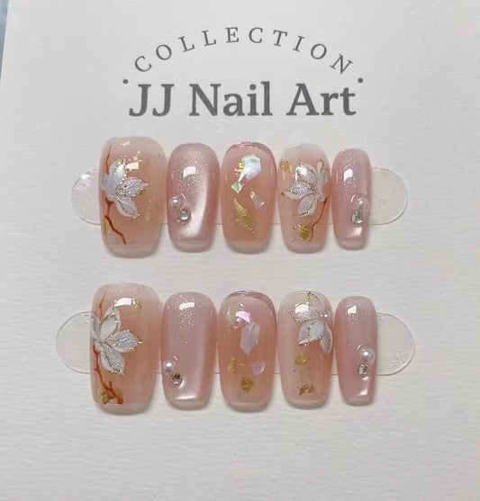 Handmade Silver Flowers Cat Eye Press On Nails: Reusable Set