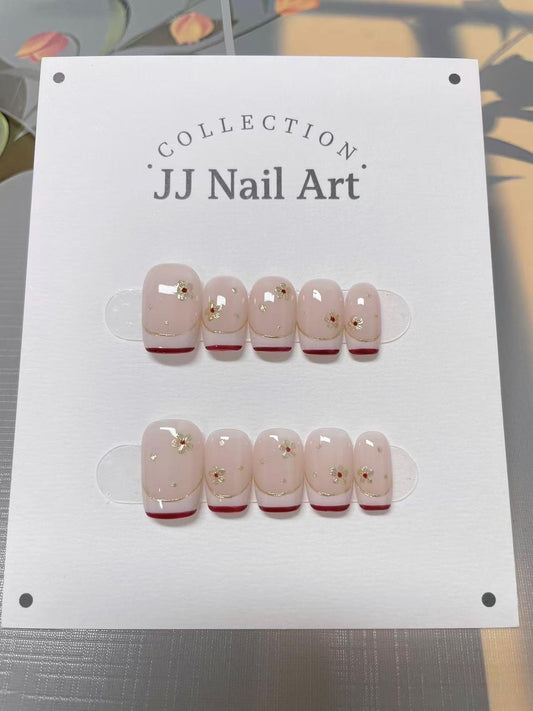 Pretty Perals French Tips Press On Nails: Hand Painted Reusable Fake Nails