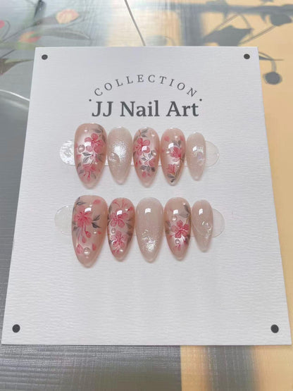 Handmade Pink Flowers Press On Nails: Reusable Set