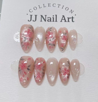 Handmade Pink Flowers Press On Nails: Reusable Set