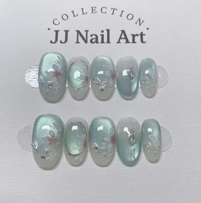 Hand Painted Crystal Nlue Cat Eye Petals Press On Nails: Reusable Set